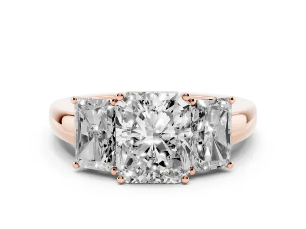 Radiant Cut Diamond Three-Stone Ring with Four-Prong Setting and Classic Band Rose gold