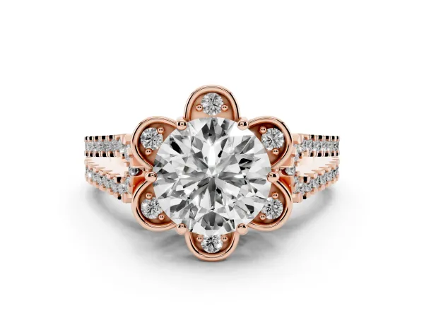 Round Cut Halo Diamond Floral Split Shank Engagement Ring Rose gold