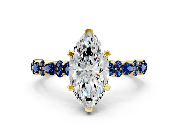 Marquise Cut Diamond Side Stone Solitaire Ring with Round Blue Sapphire and Four-Prong Setting Yellow gold