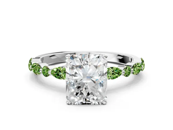 Radiant Cut Diamond Ring with Marquise and Round Peridot Side Stones and Four-Prong Setting Platinum