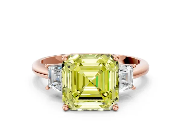 Fancy Yellow Asscher Cut Diamond Three-Stone Ring with Trapezoid Side Stones and Prong Setting Rose gold