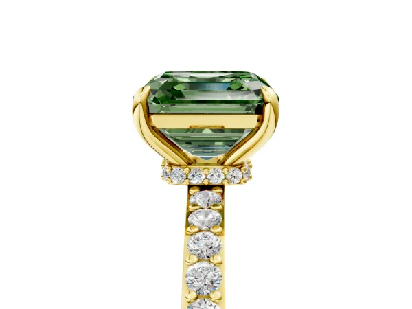 Fancy Green Asscher Cut Diamond Solitaire Engagement Ring with Pavé Band and Four-Prong Setting Yellow gold