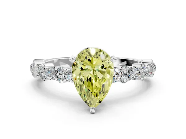Fancy Yellow Pear Cut Diamond Side Stone Solitaire Ring with Round and Four-Prong Setting White gold