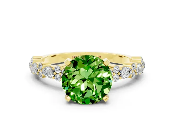 Round Cut Peridot Side Stone Solitaire Ring with Round and Four-Prong Setting Yellow gold
