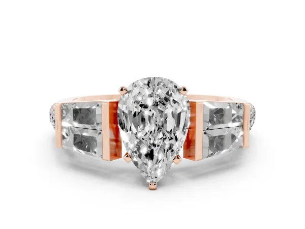 Pear Cut Diamond Engagement Ring with Baguette Side Stones and Channel Set Band Rose gold