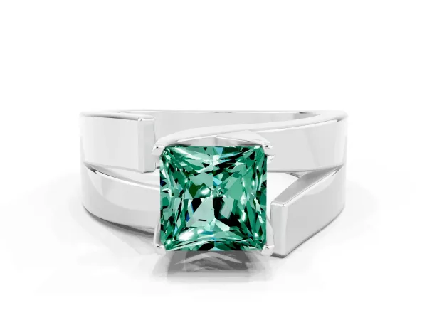 Modern Tension Set Princess Cut Green Sapphire Solitaire Wide Band Ring Platinum