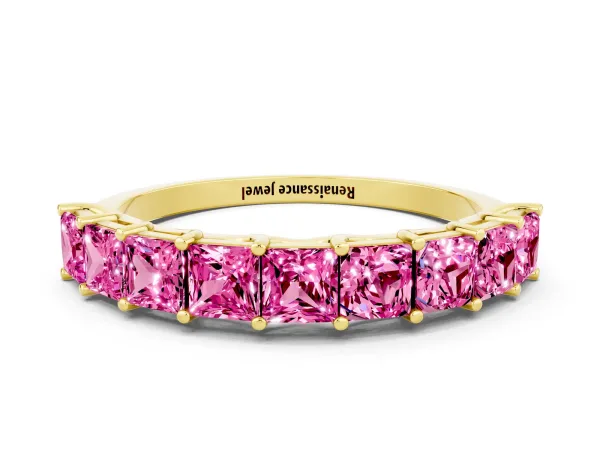 Princess Cut Pink Sapphire Channel-Set Eternity Band with Prong Setting Yellow gold