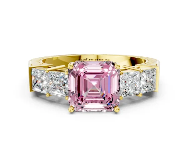 Fancy Pink Asscher Cut Solitaire Princess Side Stone Engraved Band Prong Setting Ring Yellow gold