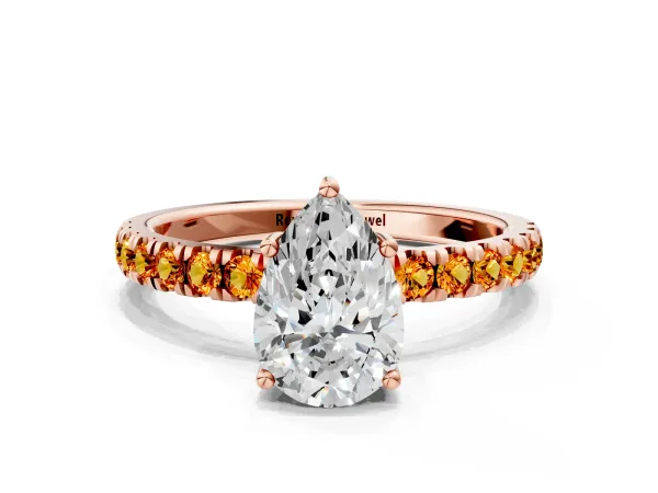 Pear Cut Diamond Pave Band Solitaire Ring with Round Citrine and Prong Setting Rose gold