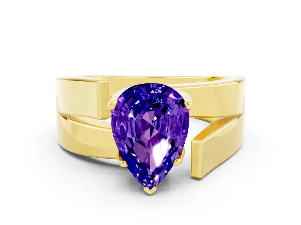 Modern Tension Set Pear Cut Tanzanite Solitaire Wide Band Ring Yellow gold