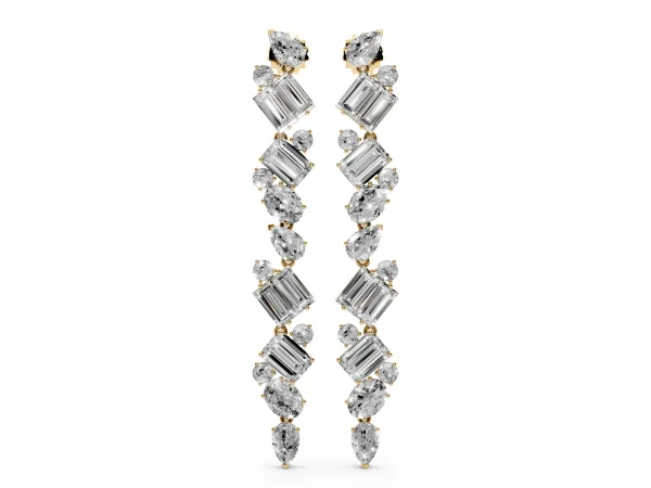 Pear, Emerald, and Round Diamond Linear Drop Earrings Yellow gold