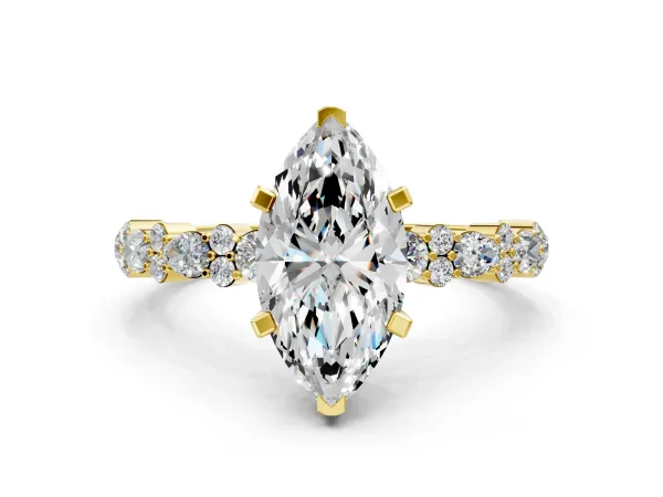 Marquise Cut Diamond Side Stone Solitaire Ring with Round and Four-Prong Setting Yellow gold