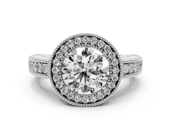 Round Cut Cut Halo Diamond Ring with Pavé Band and Four-Prong Setting White gold