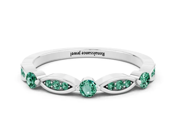 Marquise and Round Green Sapphire Milgrain Band with Bezel Setting Platinum