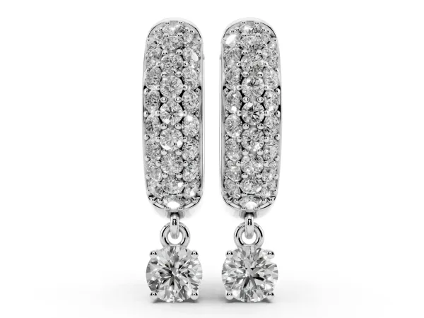 Round Cut Diamond Drop Huggie Hoop Earrings with Pavé Detailing White gold