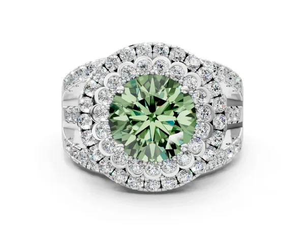 Fancy Green Round Cut Diamond Double Halo Ring with Round Pavé Split Shank and Prong Setting White gold