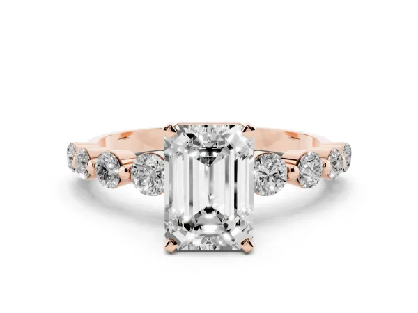 Emerald Cut Solitaire Diamond Ring with Pave Band and Four-Prong Setting Rose gold