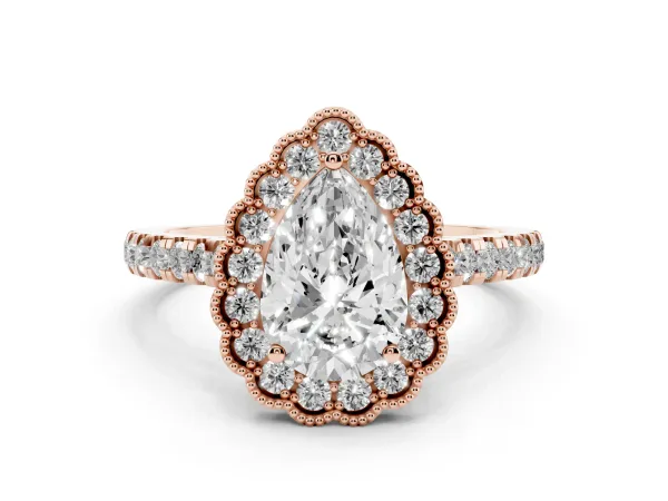 Pear Cut Cut Diamond Milgrain Floral Halo Engagement Ring with Pavé Band Rose gold
