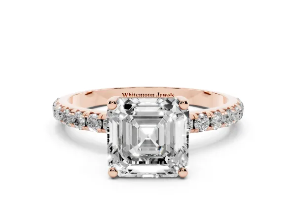 Asscher Cut Cut Diamond Solitaire Ring with Micro Pave Band and Four Prong Setting Rose gold
