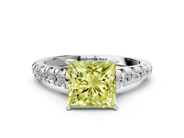 Fancy Yellow Princess Cut Diamond Cathedral Solitaire Ring with Round Pavé Band Platinum