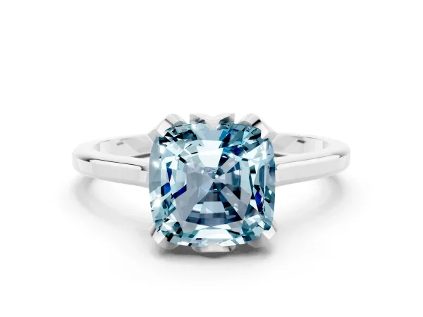 Cushion Cut Aquamarine Solitaire Ring with Flower Prong Setting and Classic Band White gold