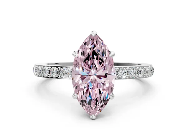 Fancy Pink Marquise Cut Diamond Solitaire Engagement Ring with Pavé Band and Four-Prong Setting Platinum