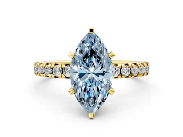 Fancy Blue Marquise Cut Diamond Solitaire Pavé Engagement Ring with Round Band and Prong Setting Yellow gold