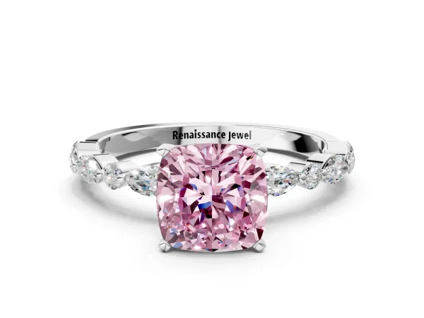 Fancy Pink Cushion Cut Diamond Ring with Marquise and Round Side Stones and Four-Prong Setting White gold