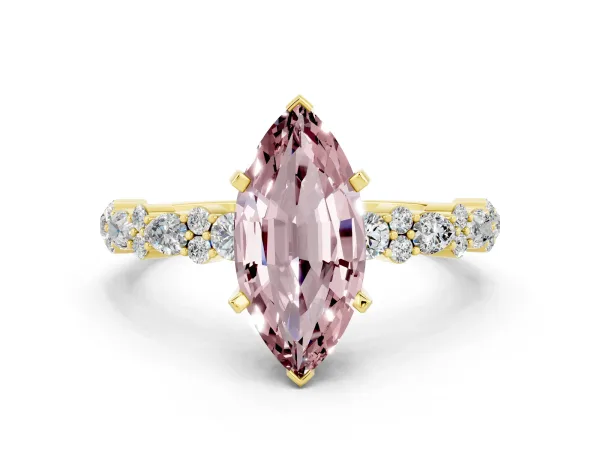 Marquise Cut Morganite Side Stone Solitaire Ring with Round and Four-Prong Setting Yellow gold