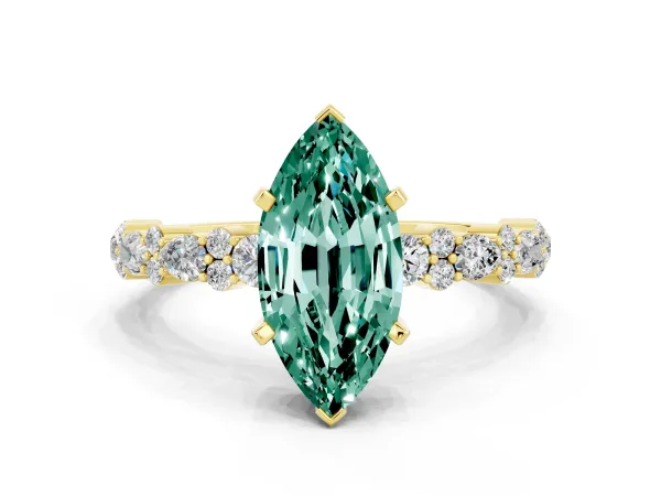 Marquise Cut Green Sapphire Side Stone Solitaire Ring with Round and Four-Prong Setting Yellow gold