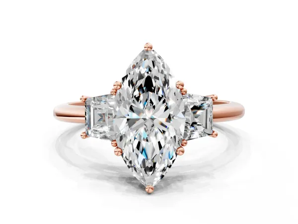 Marquise Cut Diamond Three-Stone Ring with Trapezoid Side Stones and Prong Setting Rose gold