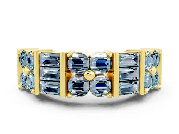 Channel Set Round and Baguette Aquamarine Anniversary Band with Prong Setting Yellow gold