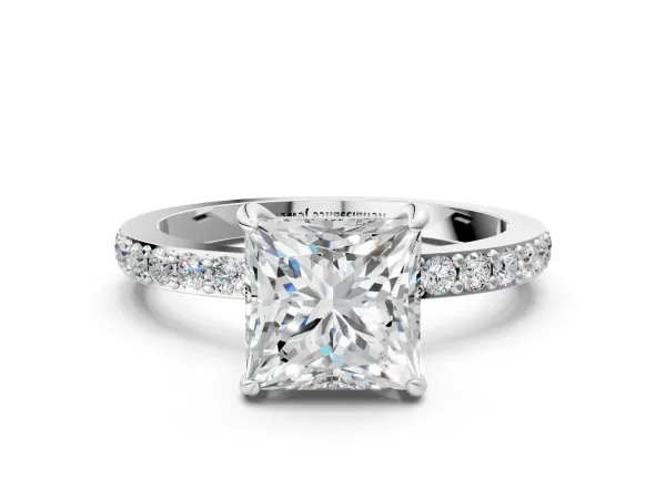 Princess Cut Diamond Solitaire Engagement Ring with Pavé Band and Four-Prong Setting Platinum