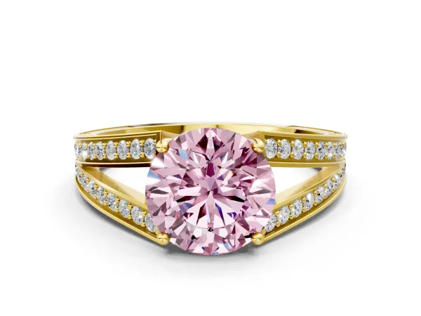Fancy Pink Round Cut Diamond Split Shank Ring with Pavé Band and Four-Prong Setting Yellow gold