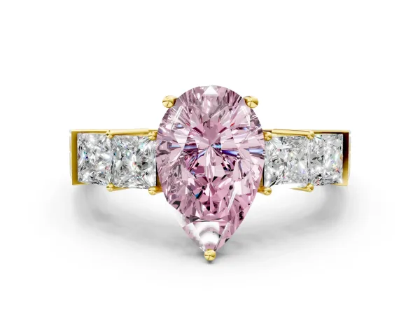 Fancy Pink Pear Cut Solitaire Princess Side Stone Engraved Band Prong Setting Ring Yellow gold