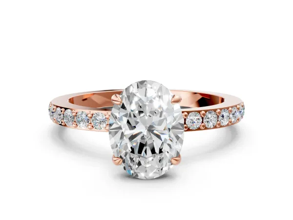 Oval Cut Diamond Solitaire Engagement Ring with Pavé Band and Four-Prong Setting Rose gold