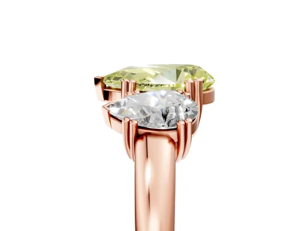 Fancy Yellow Three-Stone Pear Cut Cut Diamond Ring with Channel Set Band and Four-Prong Setting Rose gold