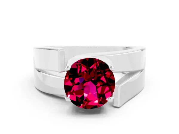 Modern Tension Set Round Cut Garnet Solitaire Wide Band Ring Platinum