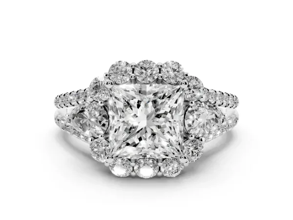 Princess Cut Halo Split Shank Diamond Engagement Ring with Prong Setting Platinum