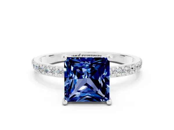 Princess Cut Blue Sapphire Solitaire Ring with Round Pavé Band and Prong Setting Platinum