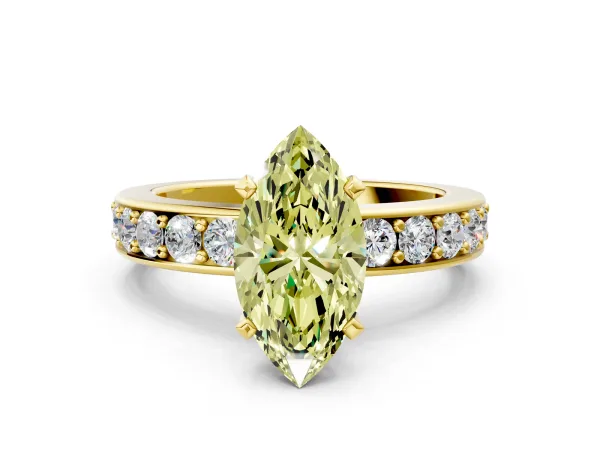Fancy Yellow Marquise Cut Diamond Engagement Ring with Channel Set Round Band and Prong Setting Yellow gold
