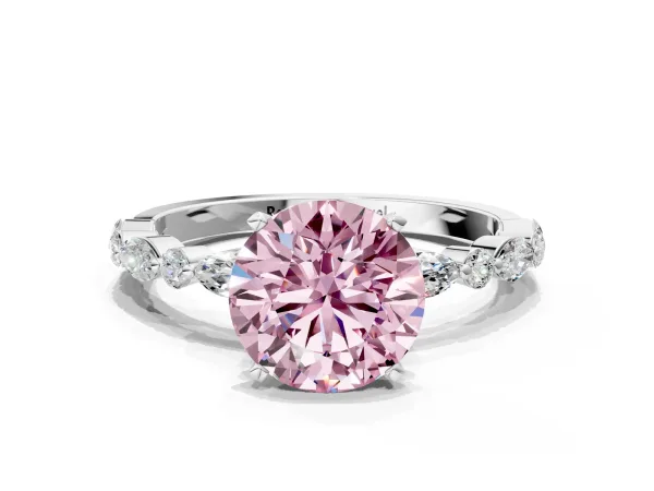 Fancy Pink Round Cut Diamond Ring with Marquise and Round Side Stones and Four-Prong Setting Silver