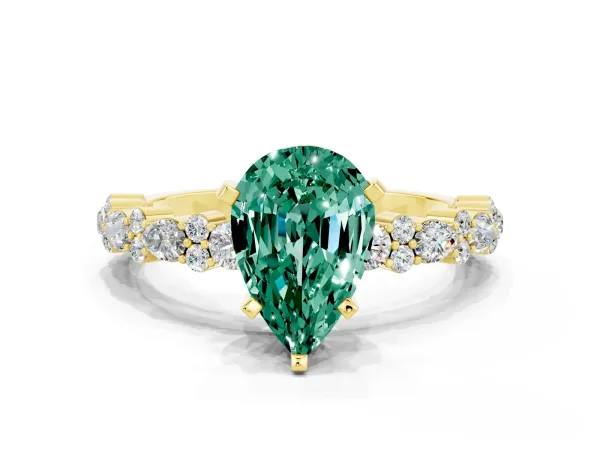Pear Cut Green Sapphire Side Stone Solitaire Ring with Round and Four-Prong Setting Yellow gold