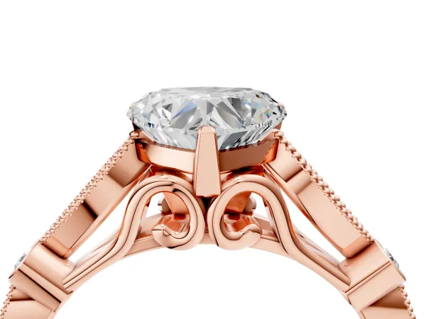 Heart Cut Cut Diamond with Milgrain Marquise and Bezel Accents on a Solitaire Band with Prong Setting Rose gold