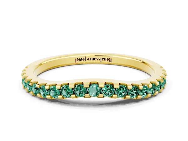 Round Green Sapphire Pavé Curved Wedding Band Yellow gold