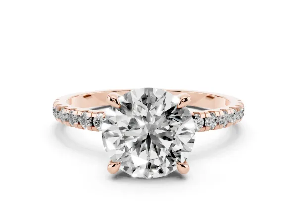 Round Cut Diamond Brilliant Solitaire Ring with Pavé Band and Four-Prong Setting Rose gold