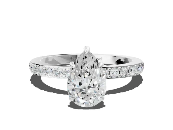 Pear Cut Diamond Solitaire Engagement Ring with Pavé Band and Four-Prong Setting Silver