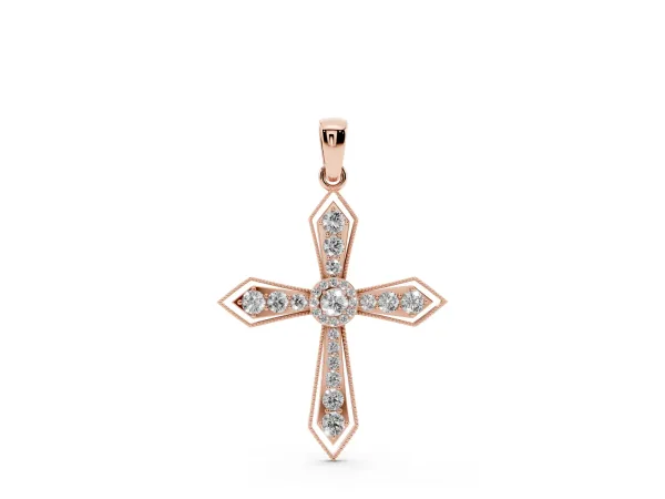 Round Diamond Milgrain Cross Pendant with Bezel Setting Rose gold