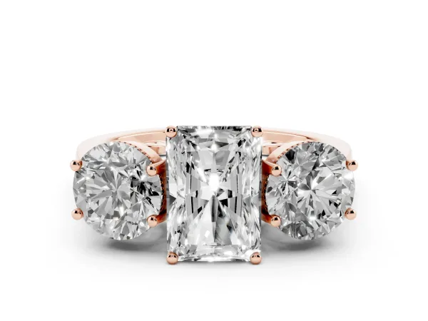 Three-Stone Radiant Cut Diamond Engagement Ring with Prong Setting on a Classic Band Rose gold