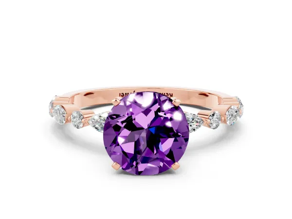 Round Cut Amethyst Ring with Marquise and Round Side Stones and Four-Prong Setting Rose gold